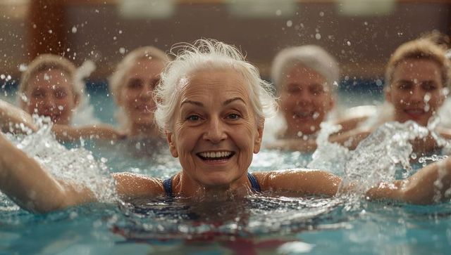 Senior woman leading water aerobics class in pool