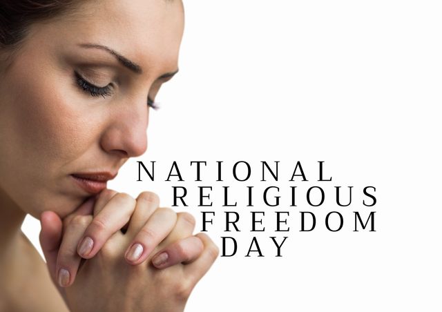 Caucasian young woman with eyes closed and clasped hands praying against white background. digital composite, national religious freedom day, text, communication, praying and religion concept.