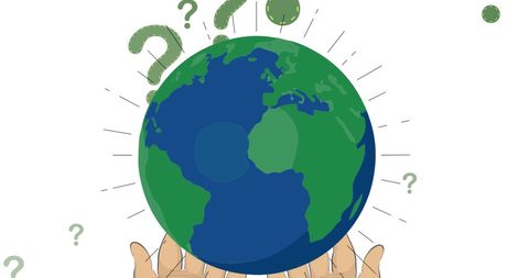 Hands supporting globe with question marks and digital elements