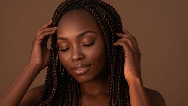 Serene black woman with box braids smiling and adjusting hair, intimate studio portrait