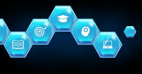 Digital Learning Icons on Brilliant Blue Hexagons - Download Free Stock Images Pikwizard.com