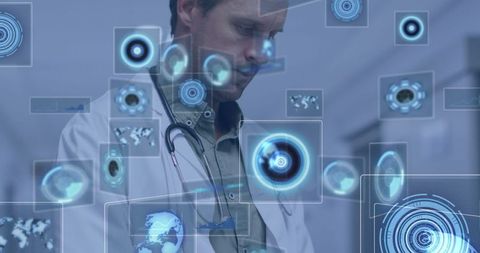 Doctor Analyzing Futuristic Holographic Data in Hospital Laboratory