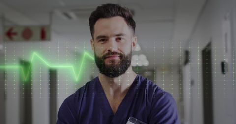 Digital Health Data Overlay with Male Doctor in Hospital Corridor
