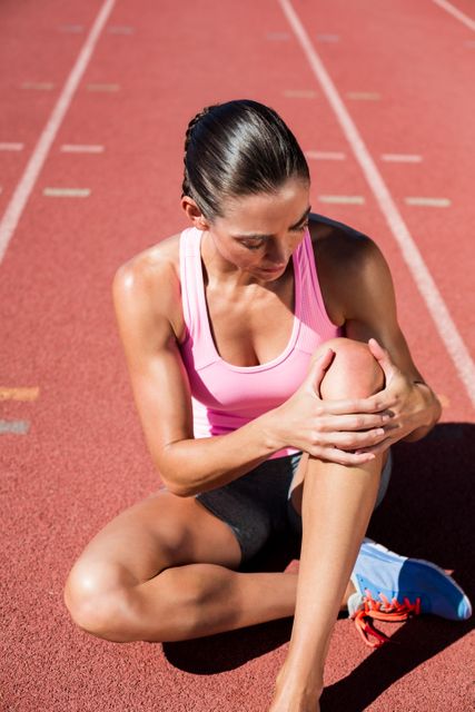 Female athlete sitting on running track holding her knee in pain. Ideal for articles on sports injuries, fitness and health, rehabilitation, and active lifestyle. Useful for illustrating the importance of proper training and injury prevention in sports.