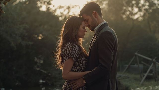 Backlit romantic couple pressing foreheads by pond embracing golden hour intimacy