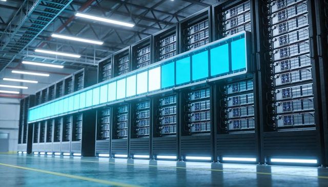 High-density data center server rack array with cyan led ribbon for cloud and ai