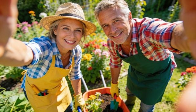 Mature couple gardening together in sunny backyard taking selfie kneeling by wheelbarrow