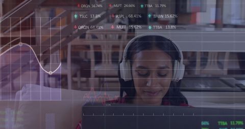 Financial Data Analysis Shows focused Woman with Laptop in Business Environment