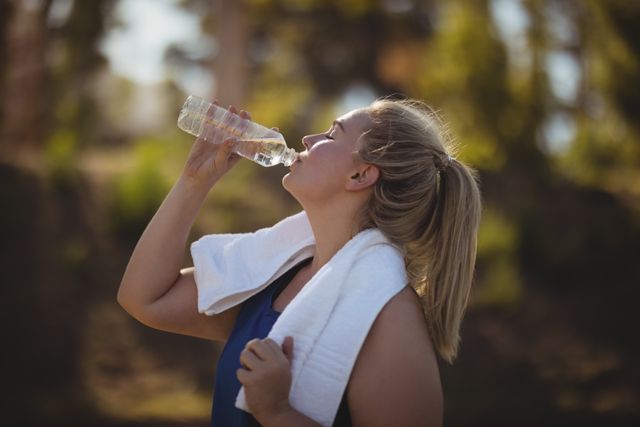 Woman drinking water after an outdoor workout, with a towel around her neck. Ideal for promoting fitness, hydration, healthy lifestyle, and outdoor activities. Can be used in advertisements for sports drinks, fitness gear, or wellness programs.