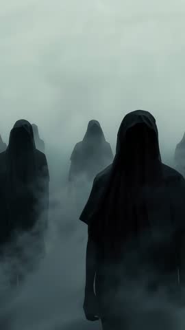 Hooded Figures Walking Through Dense Fog Ritual Procession | Vertical Video
