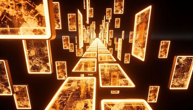 Leading neon data corridor with floating circuit panels and futuristic digital horizon