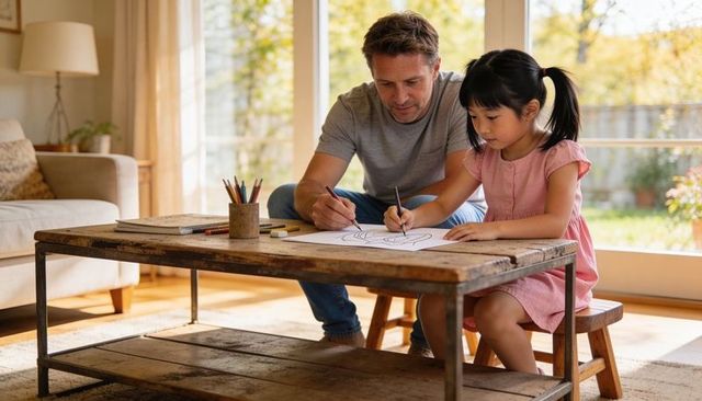 Father teaching daughter drawing at home using colored pencils on rustic coffee table