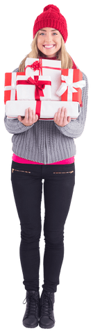 Smiling Woman Holding Gifts in Festive Transparent Outfit