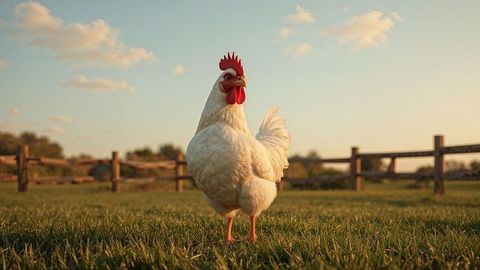 Majestic White Rooster at Sunset in Pastoral Scene