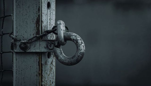 Hanging weathered metal shackle and chain on rusted gate post close-up texture