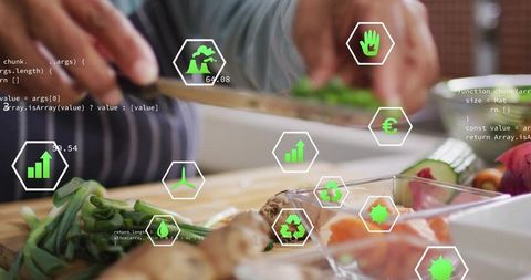 Senior woman slicing vegetables on cutting board interacting with futuristic food interface