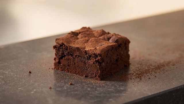 Decadent Fudgy Chocolate Brownie Square with Cocoa Dusting on Dark Slate
