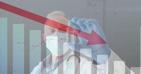Doctor Holding Vial with Downward Graph Overlay in Laboratory Setting