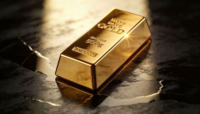 Gleaming stamped gold ingot resting on wet dark stone with sharp reflections and sparkle
