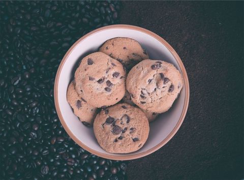 Chocolate Chip Cookies in Bowl on Coffee Bean and Ground Coffee Background
