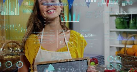 Smiling Market Clerk Holding Chalkboard Sign in Rustic Bakery with Financial Data Overlay