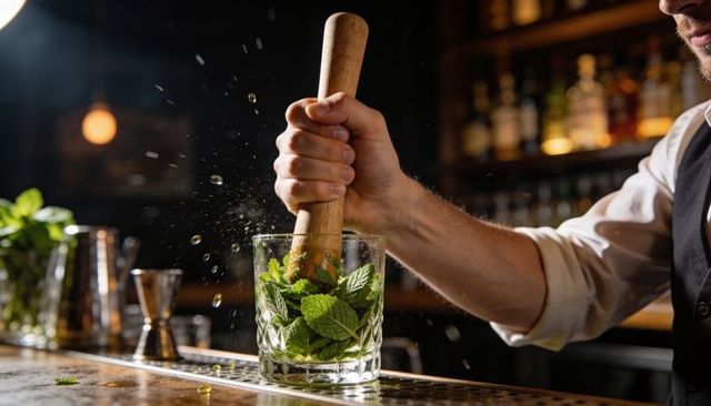 Muddling mint cocktail with wooden muddler in crystal glass bar mixology action