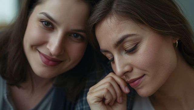 Closeup intimate portrait two women sharing warm friendship moment in cozy living room