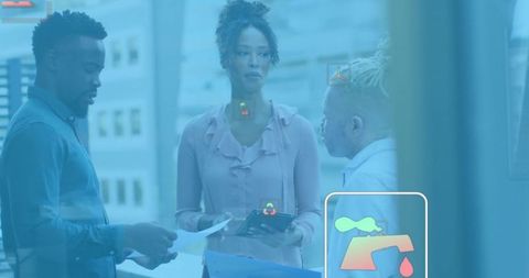 Business Professionals Collaborating with Data Icons Overlay Office