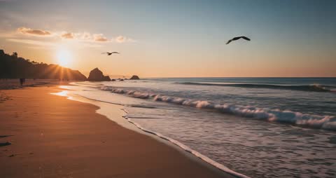 Seagulls Soaring Over Tranquil Beach at Sunrise