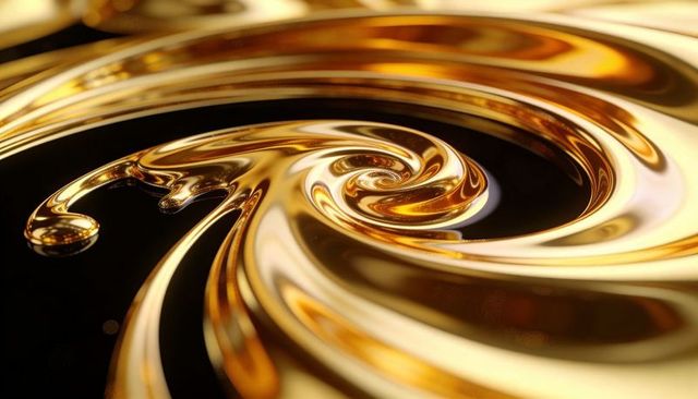 Flowing molten gold vortex curling into glossy spiral with reflective droplet