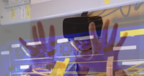 Woman Using VR Headset in Server Room Environment