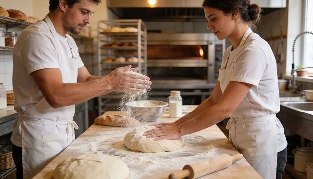 Artisan bakers sprinkling flour and shaping sourdough dough on wooden bench in bakery