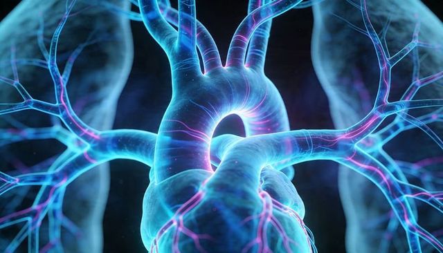 Neon glowing aortic arch with branching vessels illustrating cardiac circulation