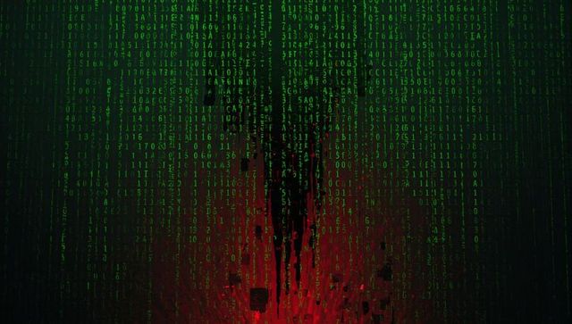 Red Data Corruption Splatter Corrupting Green Matrix Code with Black Glitch Streaks