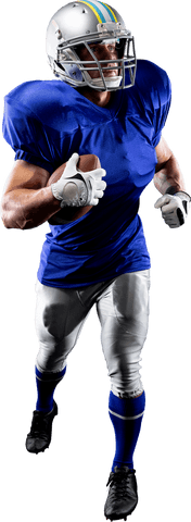Caucasian male football player running with helmet in dynamic pose transparent