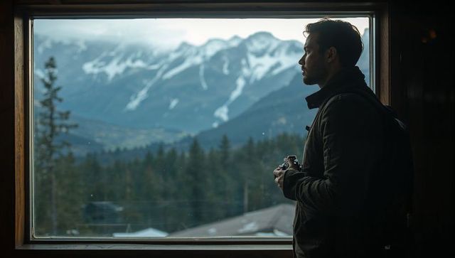 Gazing traveler holding camera at lodge window overlooking snowy mountain peaks and forest