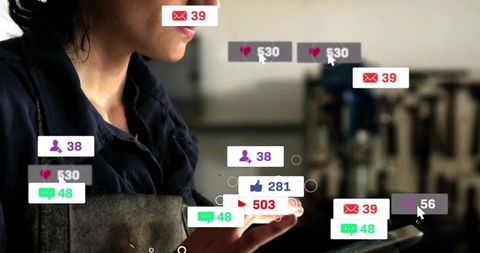 Female maker tapping tablet in workshop showing floating digital overlays, cursors and widgets