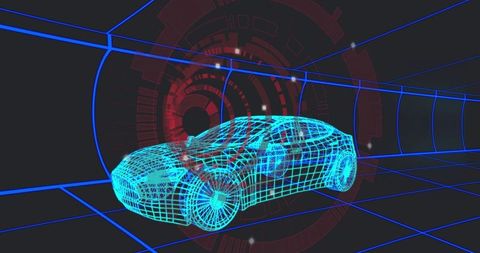 Neon wireframe sports car in futuristic digital space