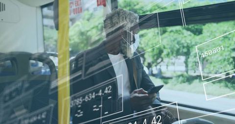 Business commuter using smartphone with futuristic data overlays