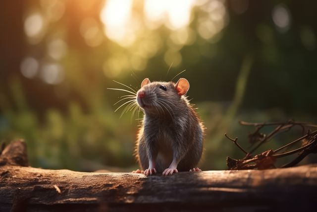 Picture showing an adorable rat in a serene forest during sunset, providing a perfect backdrop of golden sunlight filtering through the trees. Ideal for articles or ads related to wildlife, animal behaviors, or the charm of small creatures in their natural habitats. Useful for environmental awareness campaigns, nature blogs, or publications focusing on forest ecosystems.
