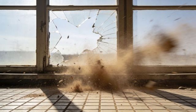 Exploding dust cloud through shattered window on tiled floor, sunlit abandoned interior