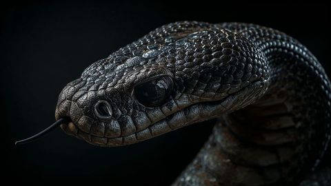 Detailed rattlesnake head in low-key lighting with forked tongue