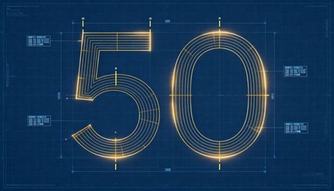 Golden neon blueprint number 50 on technical grid with cad lines and data panels