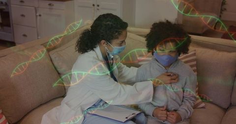 Pediatric clinician conducting masked home checkup with stethoscope and dna strands overlay