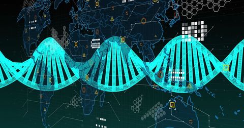 Digital dna sequence overlaying dynamic world map