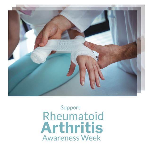 Caucasian doctor wrapping bandage on woman's hand and support rheumatoid arthritis awareness week. Text, composite, pain, disease, joints, autoimmune, healthcare, awareness and prevention concept.