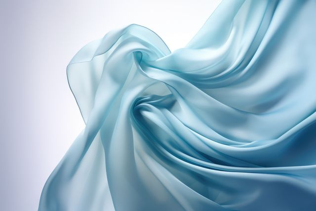 Waving blue silk fabric creating smooth, flowing shapes. Perfect for projects focusing on elegance, fashion, luxury, and textile design. Can be used for backgrounds, website banners, product design, or thematic presentations