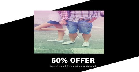 Casual couple holding hands promoting fashion sale