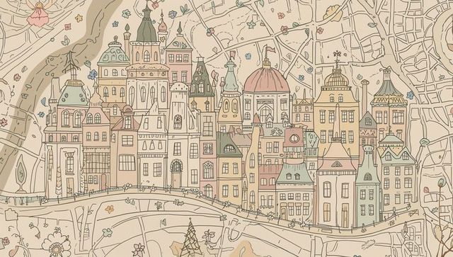 Depicting pastel hand-drawn historic cityscape lining curved river on ornate decorative map