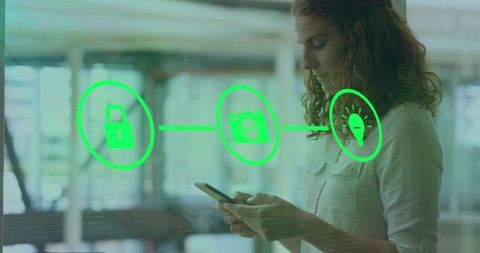Woman using smartphone with green digital security, privacy and innovation icons overlay